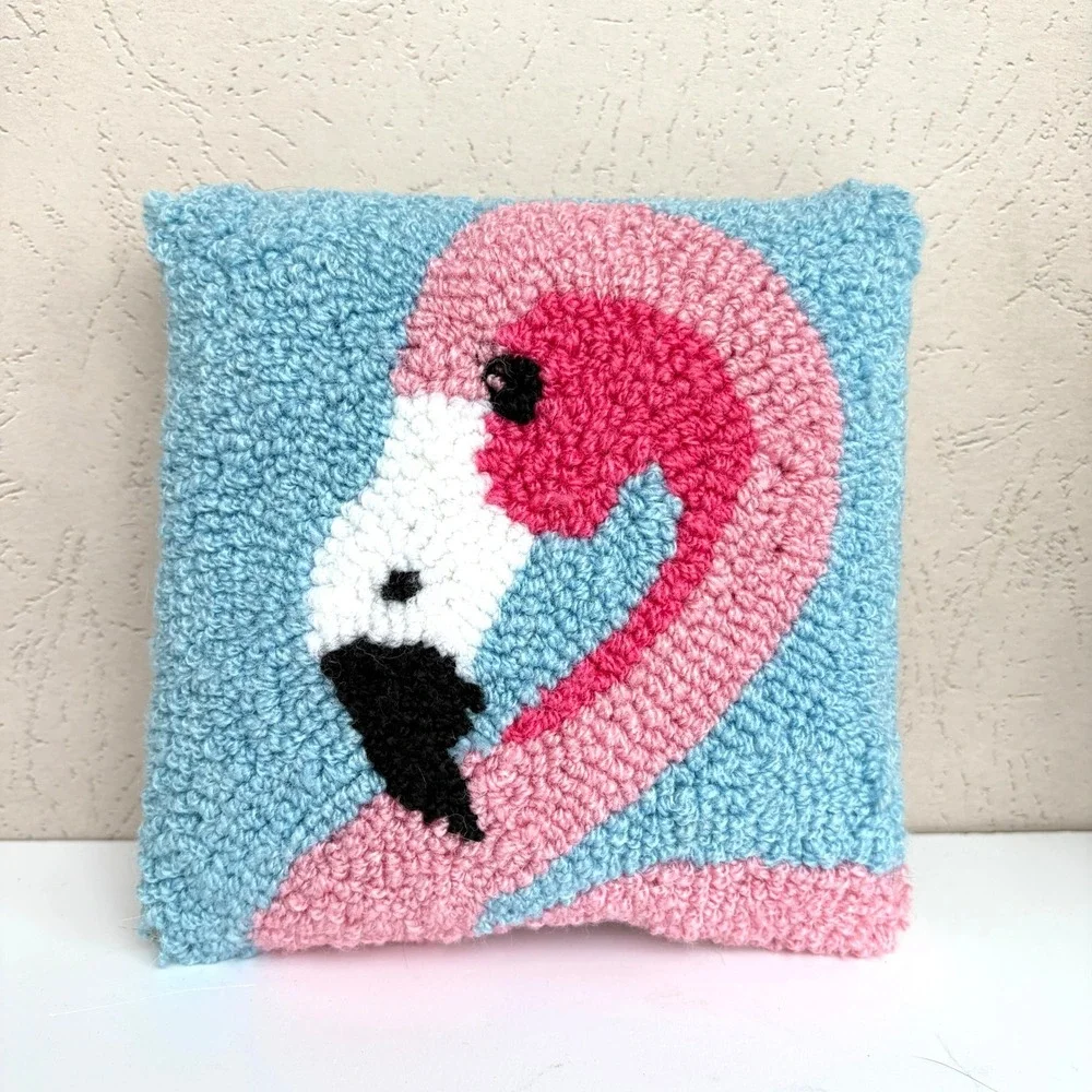 Handmade Punch Needle Flamingo Small Decorative Throw Pillow Pink Blue 7x7